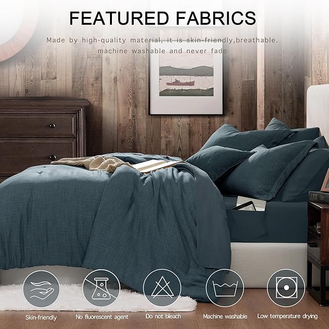 Geniospin King Size Comforter Set- 7 Piece Navy Blue Textured King Bedding Set, Soft Solid Bed in a Bag for All Season, King Comforter Set with Sheets(Navy Blue,102''x90'')