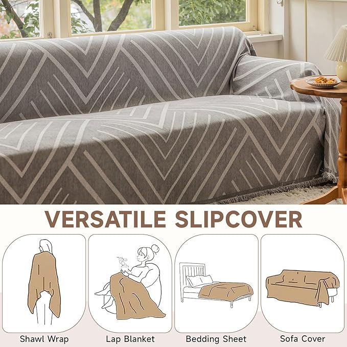 VClife Boho Farmhouse Couch Cover 71''x150'', 1 pc Washable Sofa Covers for 3 Cushion Couch Sofa Kids Soft Chenille Gray White Herringbone Home Decor Couch Covers for Bed Sofa Living Room Slipcover