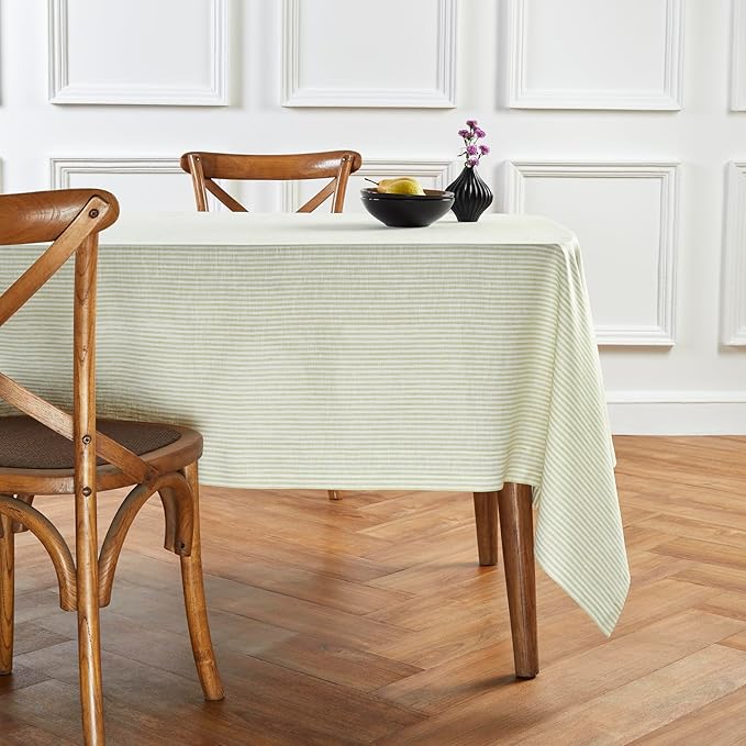 Solino Home Linen Tablecloth 60 x 108 Inch - Narrow Stripe 100% Pure Linen Sage and White Table Cloth for Rectangle Tables - Machine Washable Tablecloth for Autumn, Thanksgiving, Christmas, Winter