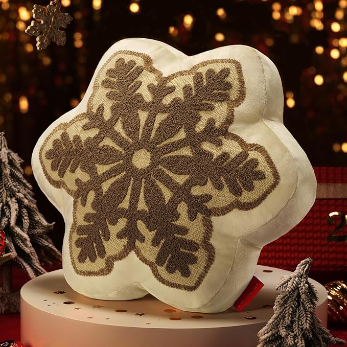 Phantoscope Merry Christmas Snowflake Shaped Throw Pillow, Velvet Xmas Embroidered Snowflake Pillow Decorative Christmas Cushion Pillow for Couch Living Room Bed, Brown, 16 x 16 inches