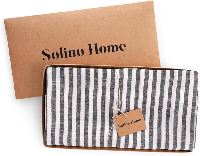 Solino Home Linen Tablecloth 60 x 90 Inch - Amalfi Stripe 100% Pure Linen Black and White Table Cloth for Rectangle Tables - Machine Washable Tablecloth for Fall, Winter, Thanksgiving, Holiday