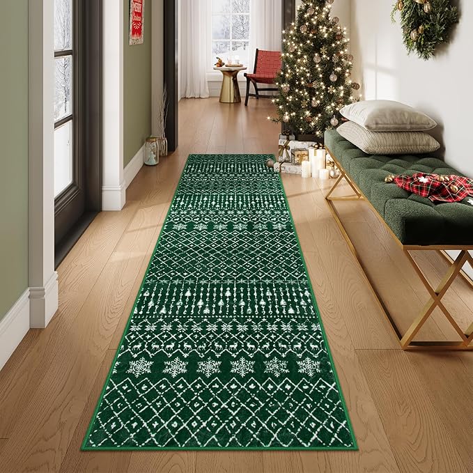 Lahome Christmas Runner Rug 2x6 for Hallway Green Non Slip Washable Low Pile Carpet Xmas Snowflake Holiday Decor Throw Rug Runner for Kitchen Entryway Laundry Narrow Porch Space Home Decor