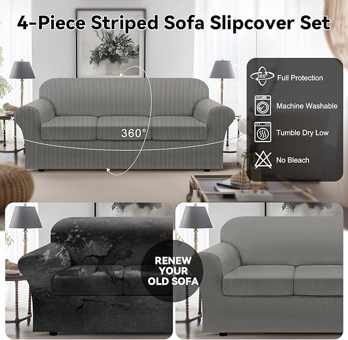 100% WaterproofCouch Cover 4-Piece Set Striped Sofa Slipcovers for 3 Cushion Couch Sofa Covers with TPU Leakproof Bottom Stretch Couch Protector Pet Proof - Sofa(3-Cushion), Gray
