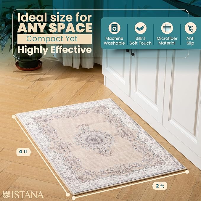 Istana Area Rug 2x4 - Beige Grey & Light Cream 2x4 Washable Rug Non Slip - Pet Friendly Living Room Rug - Non Shedding Washable Rugs for Bedroom - Foldable Bathroom Rugs