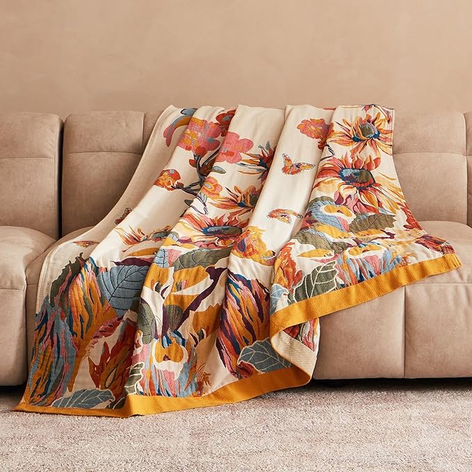 Boho Throw Blanket for Bed 100% Cotton Ultra Soft Rustic Quilt Floral Printed Farmhouse Decor Fall Bed Blankets,98"×98" All Season Rustic Throw for Sofa Couch Chair
