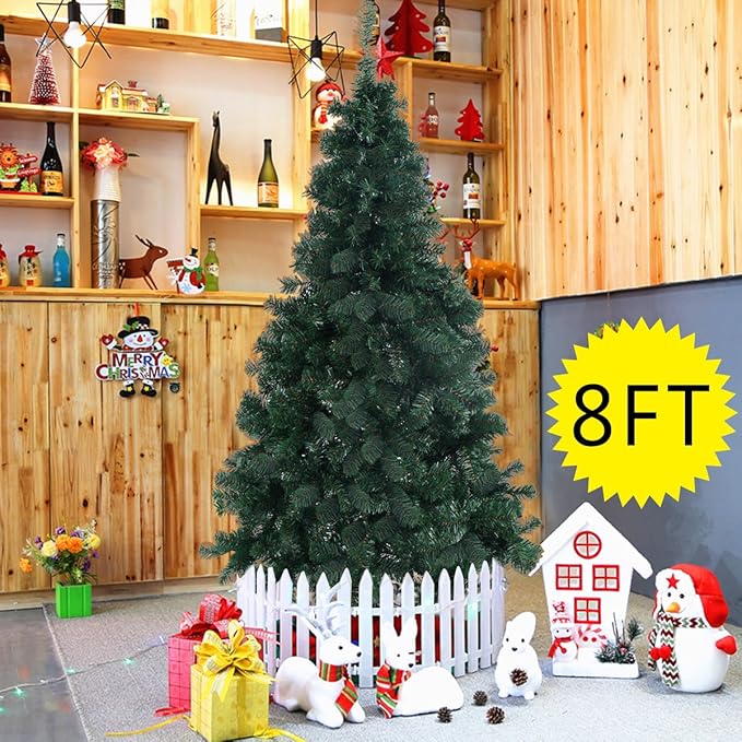 GOFLAME 8FT PVC Artificial Green Christmas Tree Home Holiday Décor with Metal Stand 1138 Branches Holiday Indoor Decoration, Easy to Assemble