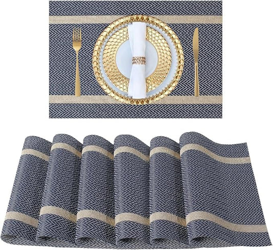 FAVE Placemats Set of 4 Blue Placemats Woven with Golden Thread Durable Wipeable Vinyl Placemats Table Mats Set of 4 for Wedding, Banquet, Birthday, Party, Restaurant Decorations(Blue, 12"x18"-4PCS)