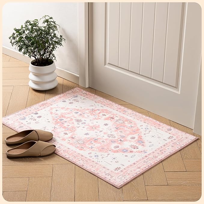 Istana 2x3 Area Rug - Pink Boho Rugs for Living Room 2x3 - Foldable Small Rugs for Bedroom - Stain Resistant Washable Rug Non Slip - Eco-Friendly Area Rugs Indoor