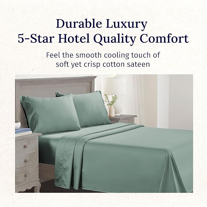CALIFORNIA DESIGN DEN 5-Star Hotel 600 Thread Count 100% Cotton, Soft & Smooth Queen Sheet Set with Deep Pockets, Quality Beats Egyptian Cotton Claims (Sage Green)