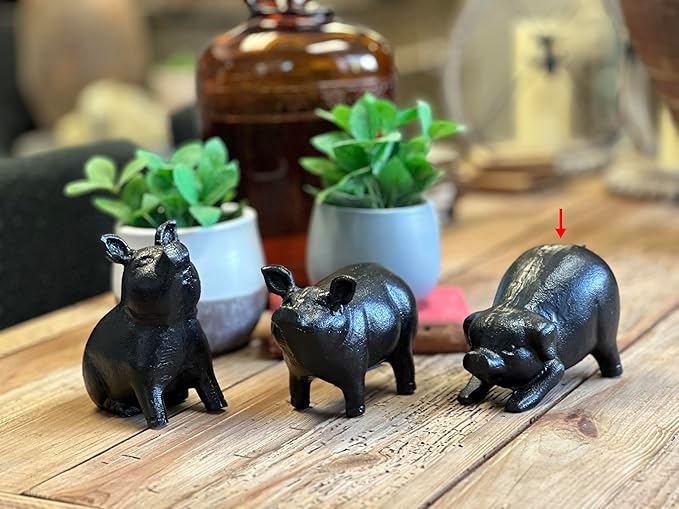 NACH Cast Iron Pig Statue - Rustic Garden Sculpture, Black Door Stop/Paperweight, Head Down Pig, JS-90-7152