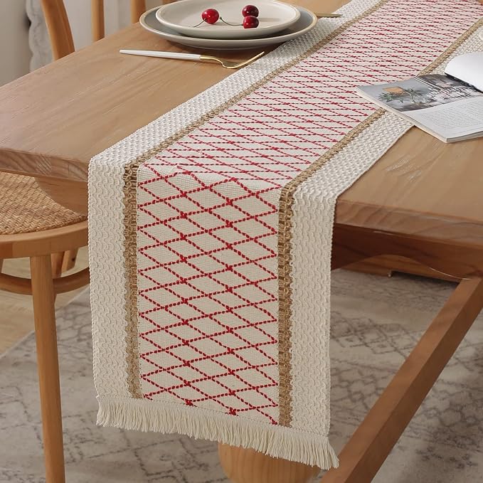 Boho Burlap Macrame Table Runner, Farmhouse Style Cotton Linen Rustic Woven Table Runner with Tassels for Dining, Wedding, Bridal Shower, Bohemian (12x72 inch, Red Grid)