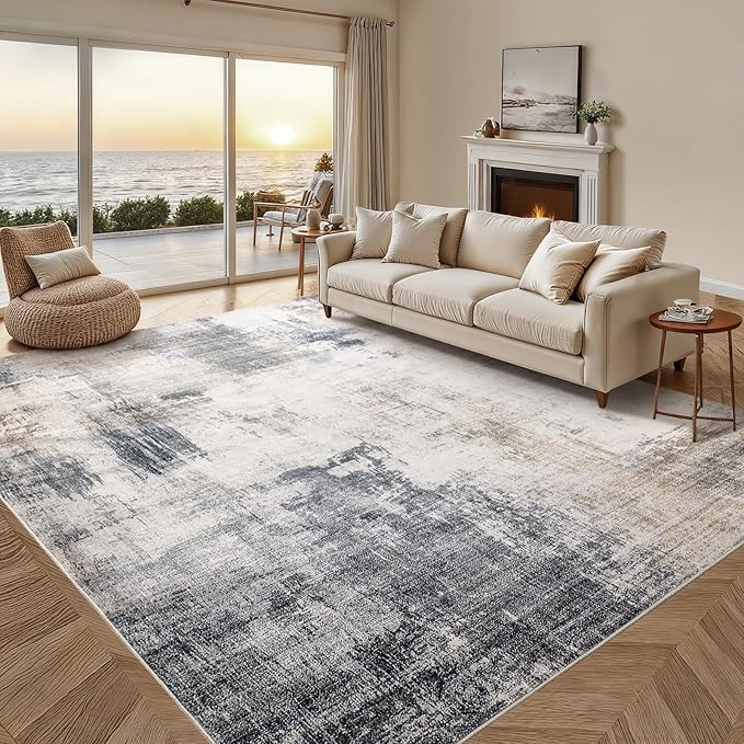 Area Rug 8x10 Living Room Rug,Modern Abstract Large Washable Rug，Non-Slip Stain Resistant Thin Carpet for Entryway Bedroom Dining Room Farmhouse Nursery Home Office- Gray Gold
