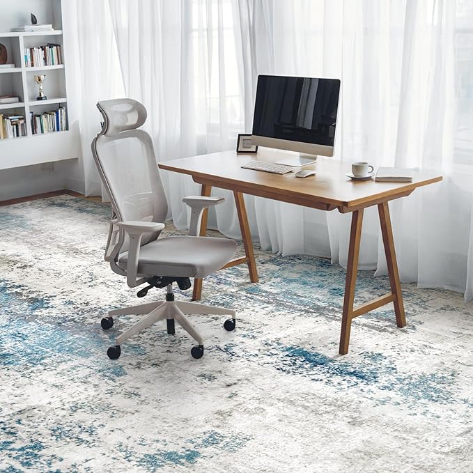 Washable Area Rug 5x7 - Neutral Modern Abstract Rugs, Soft Non Slip Thin Carpet with for Bedroom, Under Dining Room Table, Home, Office, Dorm, Office Rolling Chair - Blue Gray