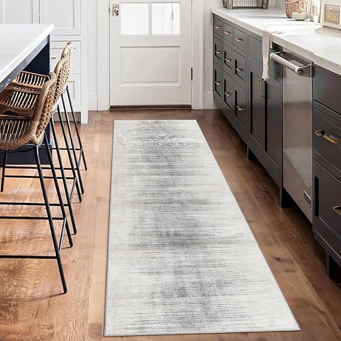 Enkor Runner Rug for Hallway, 2x6 Washable Soft Non Slip Abstract Rugs for Kitchen, Modern Mat for Entryway Living Room Bedroom White & Grey