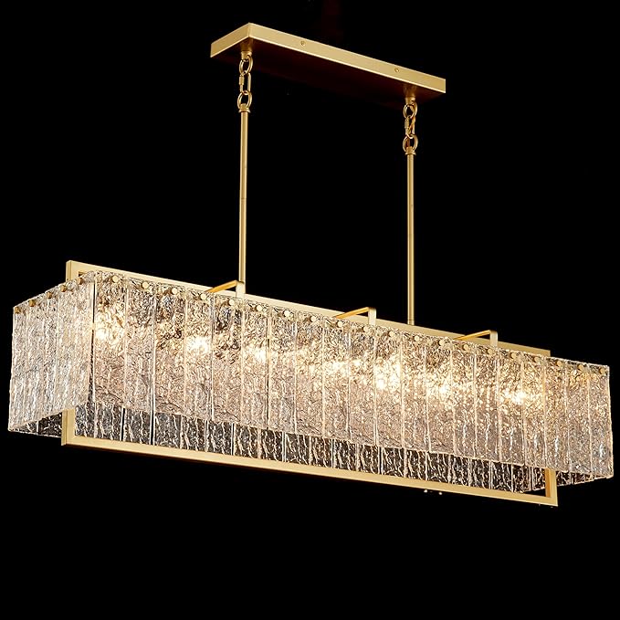 Shrine Lighting Gold Glass Chandeliers, Modern Design, Rectangular Chandelier for Living Space, L39.1'' × W10.2'' × H19.5'', Adjustable 50.8'', 7 x E12 Sockets, Glass LampShade & Brass Finish Frame