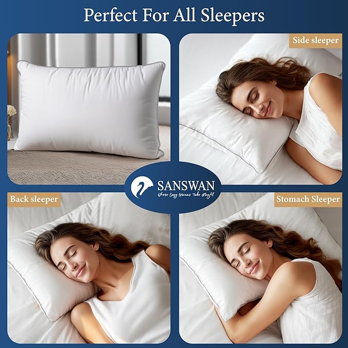 SANSWAN Luxury Goose Feathers Down Pillows Queen Size Set of 2 with Two-Sided Pillowcase, Hypoallergenic Hotel Quality Medium Firm Bed Pillow for Back,Stomach or Side Sleepers