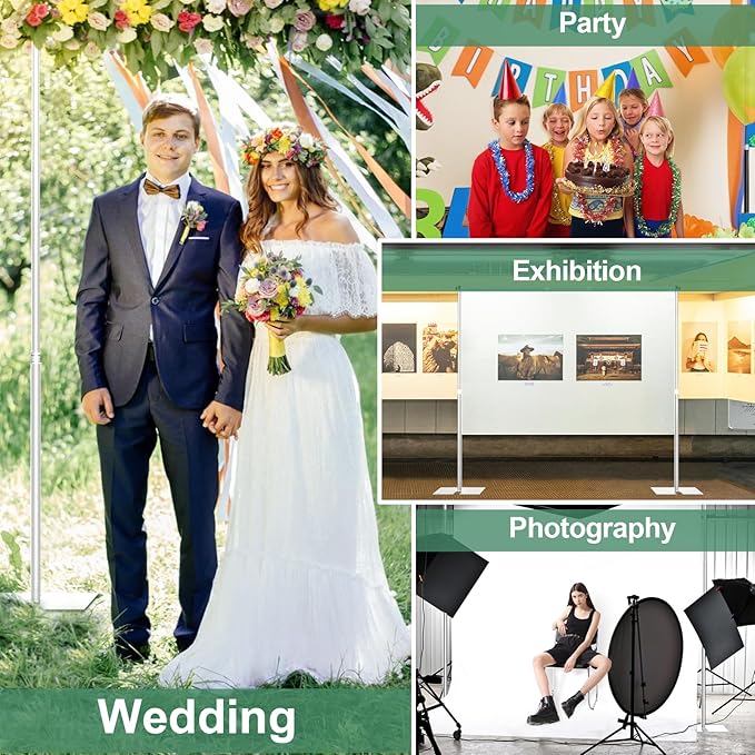 Heavy Duty Backdrop Stand, 8.5ft x 10ft Pipe and Drape Backdrop Stand Kit with Metal Flat Base, Adjustable Background Support System for Wedding Party Birthday Photoshoot Decoration - Silver