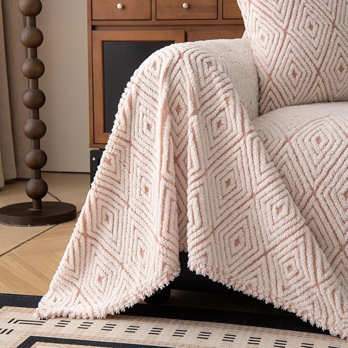 ROOMLIFE Striped Boho Pink Couch Cover for 2-3 Cushion Sofa, Fuzzy Plush Warm Sofa Slipcovers Sectional Sofas Covers, Non Slip Washable Furniture Protector Soft with Tassel,Winter 71''X150”