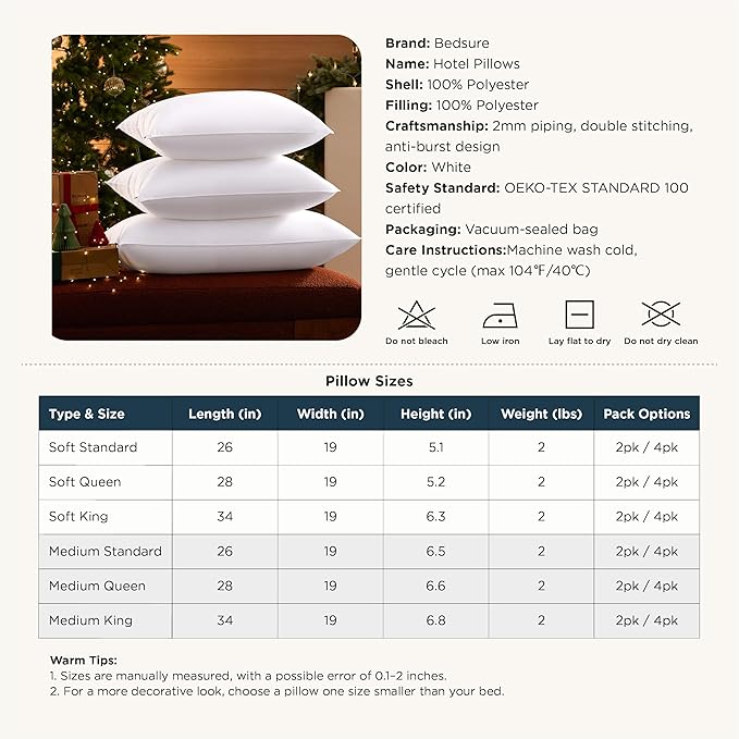 Bedsure Soft Pillows Standard Size Set of 4 - Standard Size Bed Pillows 4 Pack for Sleeping, Soft and Supportive, Hotel Quality, Original Down Alternative Filling for Side, Back Sleepers