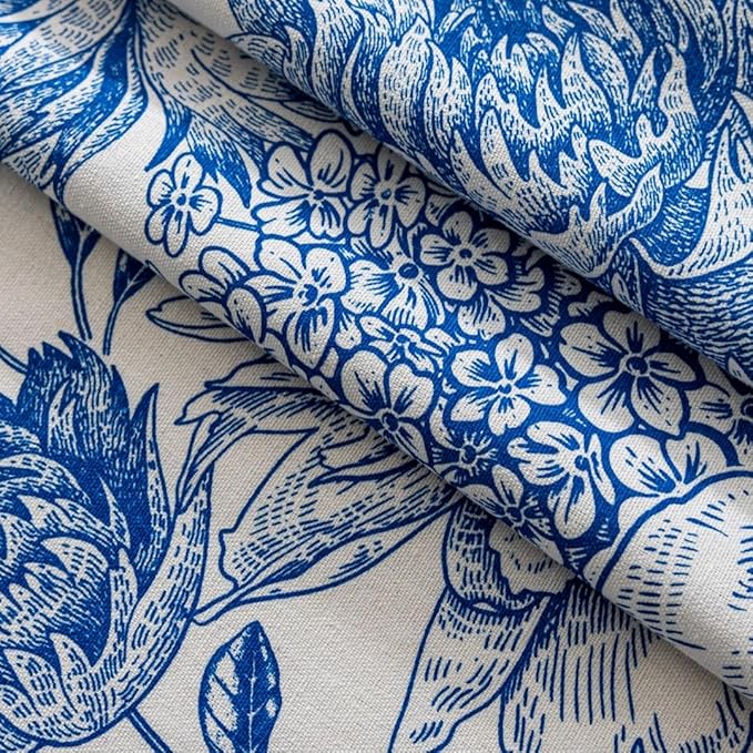 F-CHU Blue Floral Curtains Bohemian Drapes 72 Inch Length Cotton Linen Boho Window Curtain with Tassel Rod Pocket Bedroom Macrame Drapes Flower Curtains, 2 Panel 52" W x 72" L