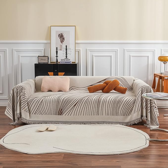 VClife Large Sofa Cover Chenille Couch Cover for 2 Cushion Couch Sofa, Modern Beige Chocolate Striped Couch Covers for Kids Washable Sectional Sofa Protector with Tassel 71"X118"