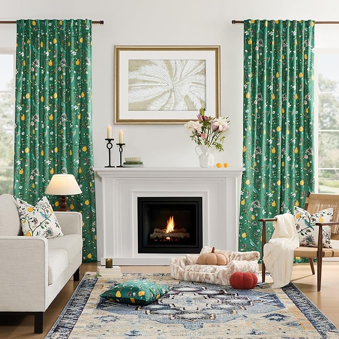 Vintage Velvet Curtains 102 inches for Living Room,Dark Green Victorian Whimsical Botanical Floral Blackout Room Darkening Curtain Drapes,2 Panels Mid Century Anthropologie Bedroom Window Curtains