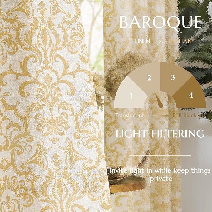 jinchan Curtains for Bedroom, Light Filtering 63 Inch Length 2 Panels Set, Farmhouse Style Linen Blend Drapes Living Room, Vintage Damask Curtains, Grommet Top Mustard Yellow on Flax, W52 X L63