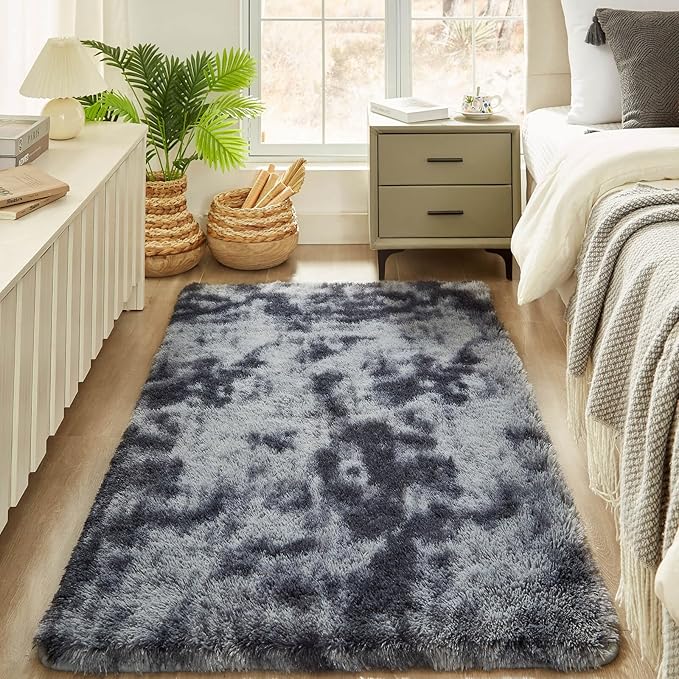 Floralux 3x5 Area Rugs, Tie-Dye Dark Grey, Small Bedside Rug, Fluffy Shag Soft Carpet for Bedroom, Non-Slip Indoor Floor Carpets for Kids Girls and Boys, Preppy Dorms, Nursery