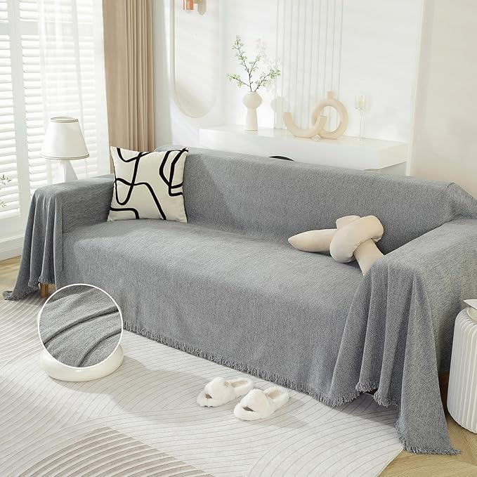 DREAMINGO Modern Minimalism Couch Cover Pets Loveseat Protector Light Grey Chenille Sofa Covers for Sectional 3 Seat Couch Boho Herringbone Furniture Cover Waterproof Sofa Slipcover, 71"x118"