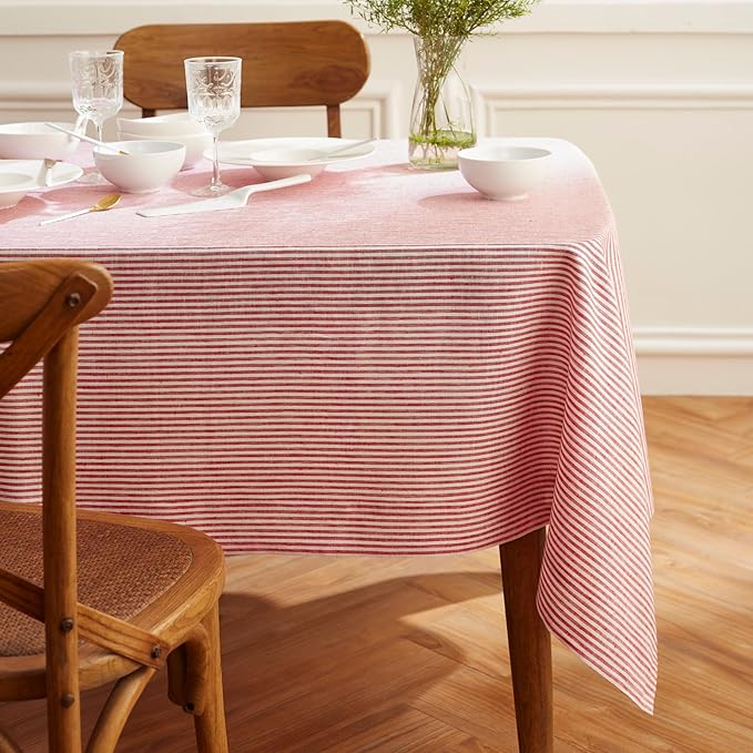 Solino Home Linen Tablecloth 52 x 52 Inch - Narrow Stripe, 100% Pure Linen Red and White Square Tablecloth - Machine Washable Table Throw for Christmas, Holiday, Winter