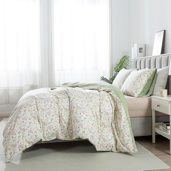 HoneiLife Duvet Dover Queen Size - 100% Cotton Bedlinen Set, Floral Comforter Cover with Zipper Closure & Corner Ties, 3-PC Wildflower Comforter Cover Sets