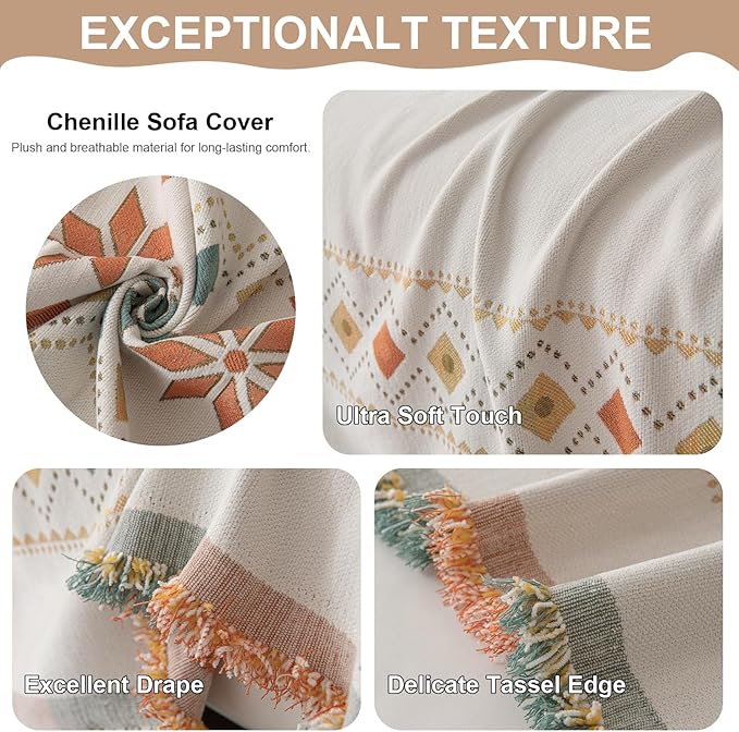 VClife Boho White Jacquard Couch Cover Soft Couch Cover for 3 Seater Cushion Couch Sofa Bedroom Living Room Furniture Protector Sofa Cover for Couch Bed - Gift for Christmas Thanksgiving 71x134 Inch