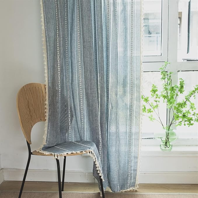 Sutuo Home Blue Boho Curtains Living Room, Semi-Blackout French Country Linen Drape for Bedroom, 1 Panel Embroidered Farmhouse Window Treatment for Dining Room Nursery Kitchen, 52" W x 72" L
