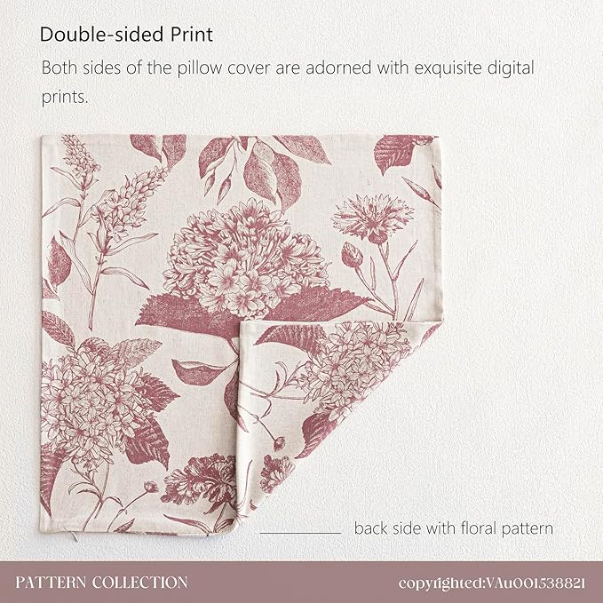 Foindtower Set of 2 Linen Floral Throw Pillow Covers Vintage Accent Print Decorative Cushion Covers Farmhouse Boho Home Decor for Sofa Chair Couch Bedroom Living Room,18×18 Inch,Dark Pink