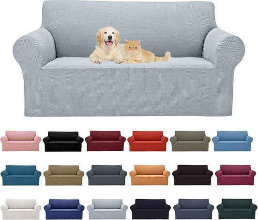 Cupuamon 2025 New Stretch Loveseat Sofa Slipcovers Couch Cover for 2 Cushion Furniture Protector Sofa Covers with Elastic Bottom Jacquard Fabric Small Checks for Pets, Kids - Silver