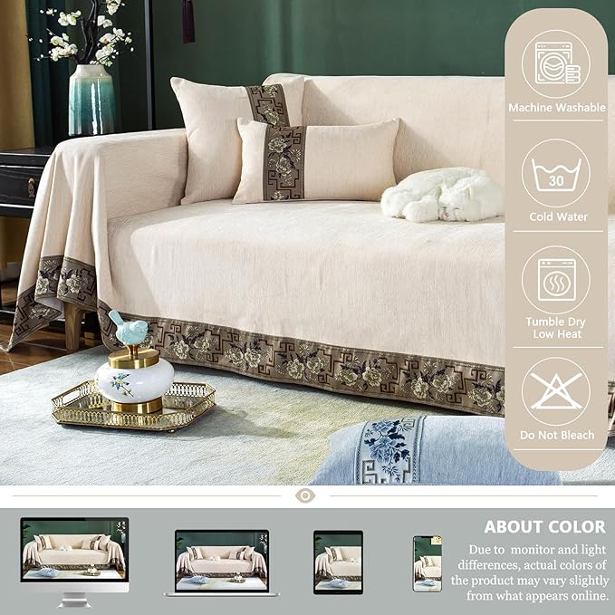DREAMINGO Beige Couch Cover - Damask Jacquard Edge, Solid Color Modern Texture Sofa Covers for 2 Cushion Couch, Thick Chenille Sofa Slipcovers for Dogs Cats Washable, Large 71"x118"