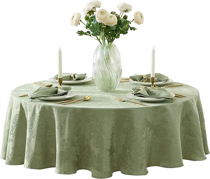 Newbridge Barcelona Damask Fabric Tablecloth, 90 Inch Round, Sage Green – No Iron, Soil Resistant Table Cover for Dining, Parties and Holidays