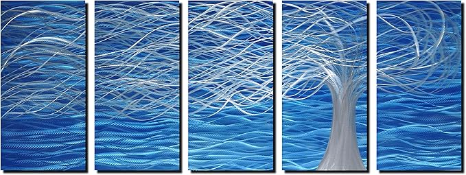 Unique Metal Wall Sculpture, Metal Wall Art with Tree Painting Design, Abstract Modern and Contemporary Décor, Aluminum Blue Artwork, Indoor and Outdoor decoration, 5 panels 64"Wx24"H