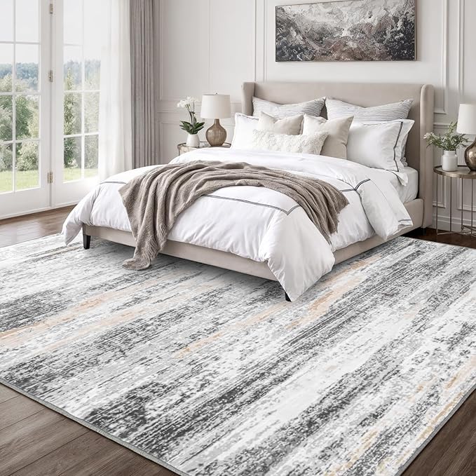 Rugflix 6x9 Area Rugs for Living Room, Washable Rug, Non-Slip, Soft Low Pile Carpet, Stain Resistant, Abstract Rug, Neutral Beige Grey Rug for Bedroom, Dining Room, Home Office