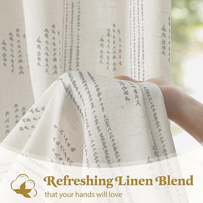 Boho Linen Curtains for Bedroom Living Room Grey Farmhouse Boho Curtains 72 Inches Long Geometric Striped Patterned Mudcloth Grommet Top Light Filtering Window Drapes 2 Panels Gray on Beige