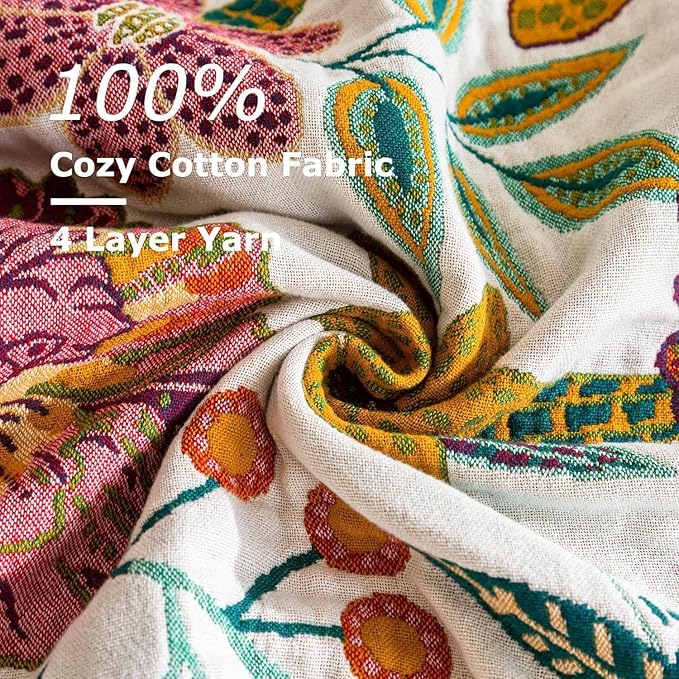 Boho Throw Blanket for Bed 100% Cotton Ultra Soft Rustic Quilt Floral Printed Farmhouse Decor Fall Bed Blankets,60"×80" All Season Rustic Throw for Sofa Couch Chair