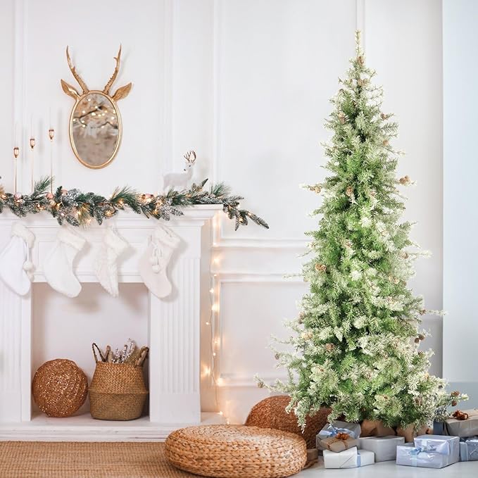 Fraser Hill Farm 7.5-Ft. Buffalo Fir Flocked Artificial Christmas Tree with Stand, Unlit Foldable Fake Tree with Realistic Snowy Foliage for Home Decoration