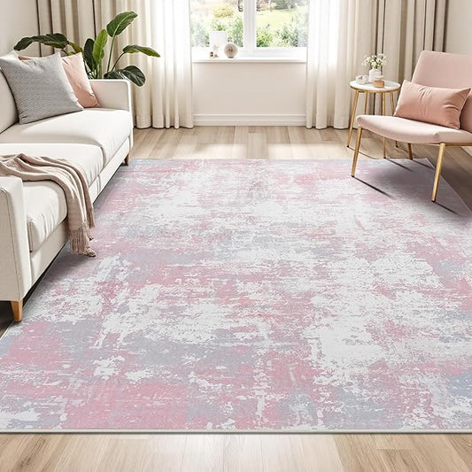 Rugflix 5x7 Area Rugs for Living Room, Washable Large Rug Stain-Resistant Low Pile, Modern Carpet for Dining Room Home Office Kid Room Nursery Bedroom, Pink Grey