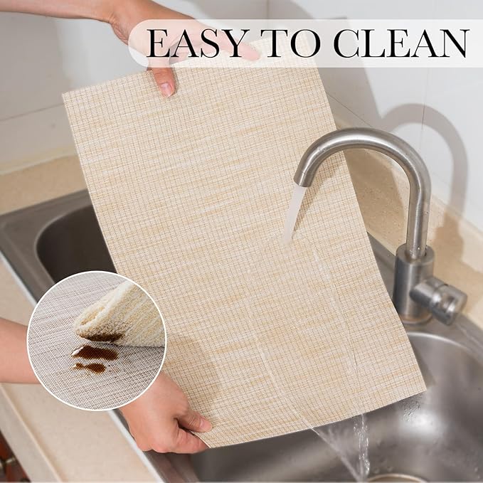 BACKTOEDEN Placemats Set of 6 Heat Resistant Washable Wipeable Placemat Woven Non-Slip Foldable Vinyl/Plastic Place Mats Indoor/Outdoor Mat Kitchen Dining Table Pad, Beige Silver Line