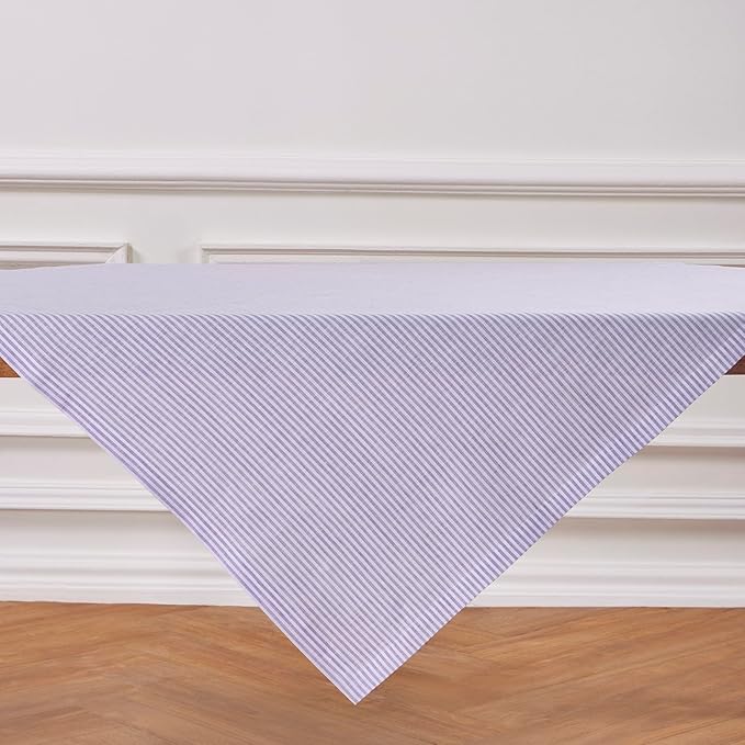Solino Home Linen Striped Tablecloth 52 x 52 Inch - 100% Pure Linen Lavender and White Square Table Throw - Narrow Stripe, Machine Washable Tablecloth for Fall, Autumn, Thanksgiving, Christmas