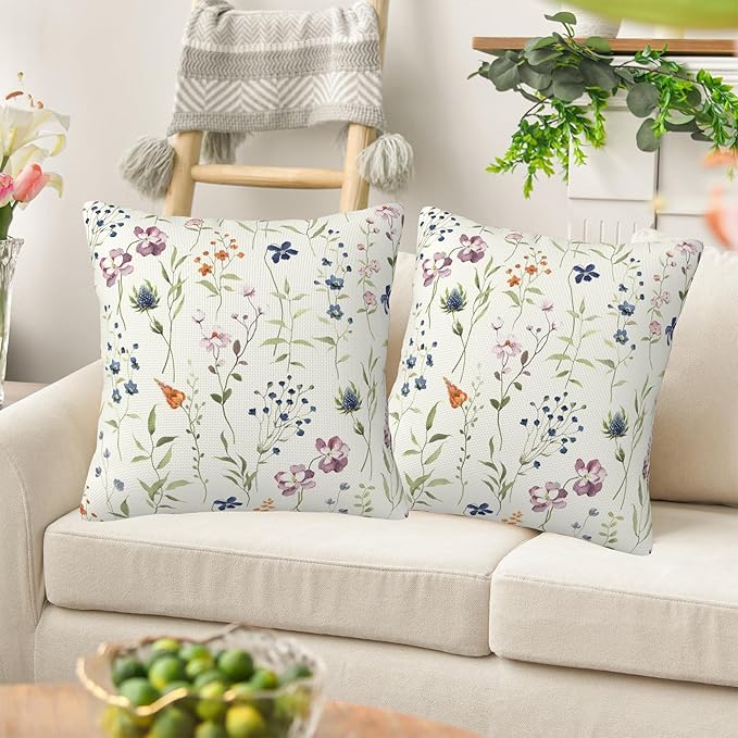 Colored Flowers and Leaves Pillow Covers 18X18 Set of 2, Watercolor Wildflowers Decorative Throw Pillow Covers, Pillowcase Cushion Case for Home Sofa Couch Indoor Outdoor Decorations