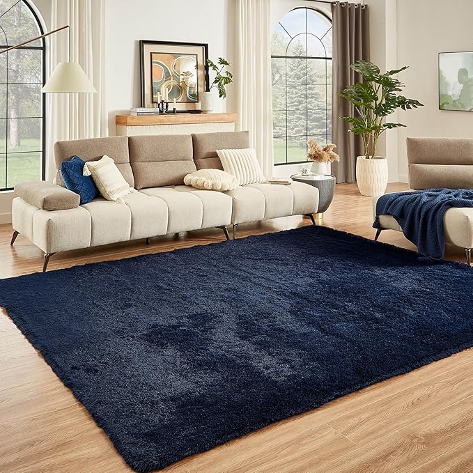 Floralux 8x10 Area Rug for Bedroom, Dark Blue, Large Shag Rugs Living Room Rug, Ultra Soft Shaggy Fluffy Carpet for Playroom, Plush Modern Floor Carpets for Kids Room, Home Office