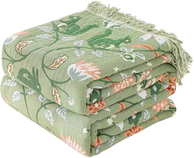 Boho Throw Blanket for Bed 100% Cotton Ultra Soft Rustic Quilt Farmhouse Decor Bed Fall Blankets,All Season Rustic Throw for Sofa Couch Chair (Green World, 80"×90")