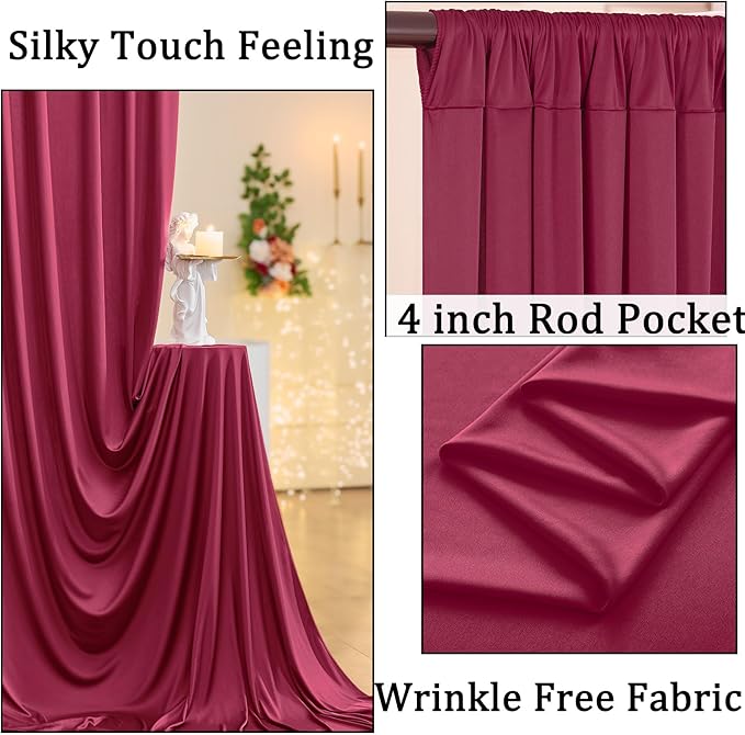 10ft x 10ft Wrinkle Free Maroon Backdrop Curtains for Parties, 2 Panels Silky Polyester Photo Backdrop Drapes for Wedding Birthday Christmas Photography Background Stand