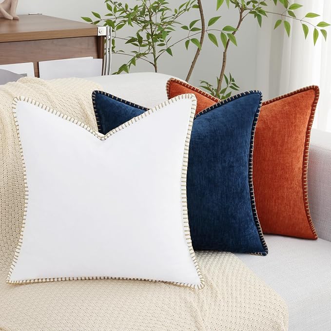 decorUhome Chenille Soft Throw Pillow Covers 20x20 Set of 2, Farmhouse Velvet Neutral Decorative Euro Pillow Covers with Stitched Edge for Couch Sofa Bed Home Decor, Poseidon